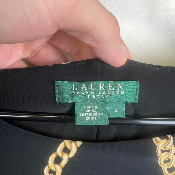 LAUREN RALPH LAUREN Black Gold Chain Link Jersey Dress Boat Neck Pullover Sz 4 - Picture 6 of 8